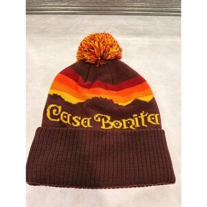 Casa Bonita Beanie Hat Sunset Stripe Pom Pom Knit Brown Orange Yellow Retro